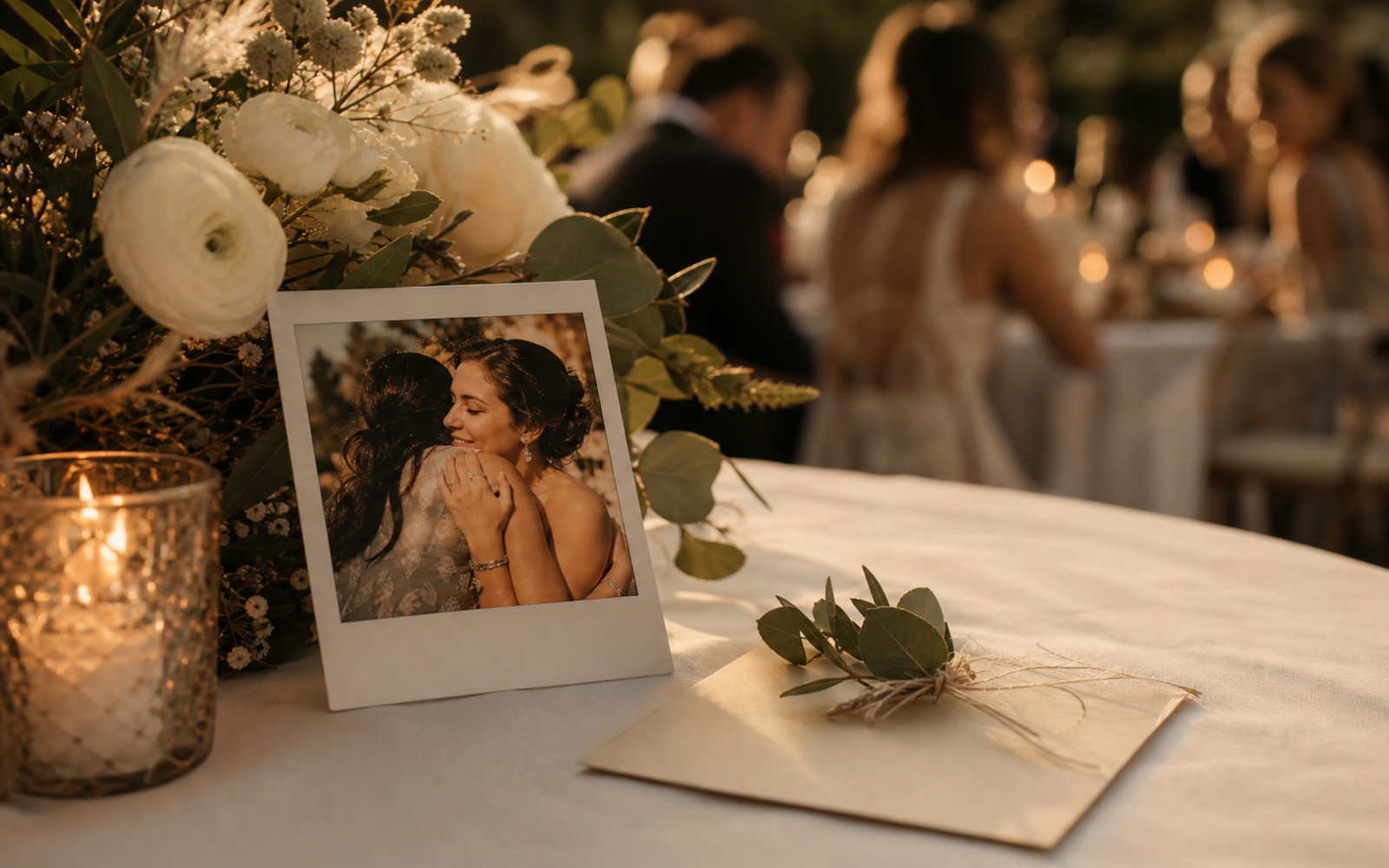 Meaningful Polaroid-style wedding photo with a handwritten guest message