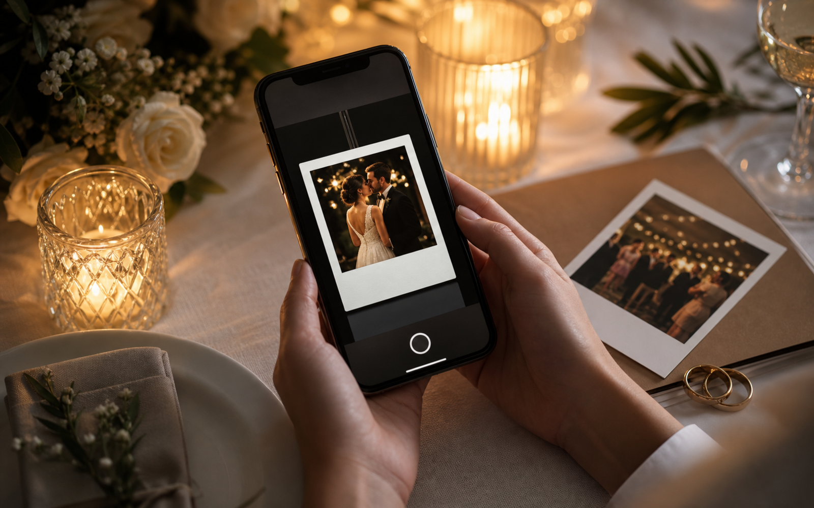 Digital Polaroid wedding photos on a phone beside elegant stationery