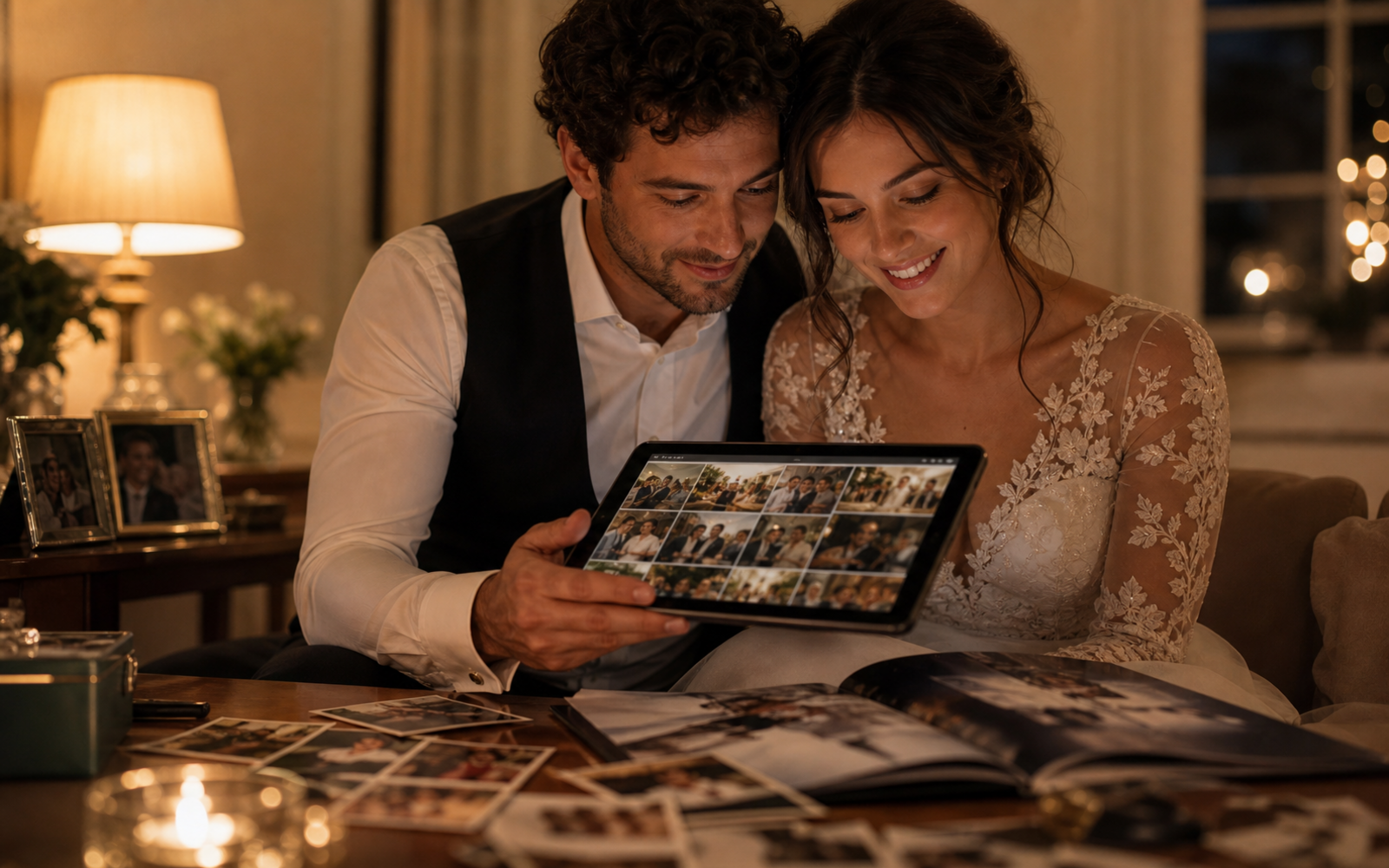 Couple viewing a private wedding album with guest photos